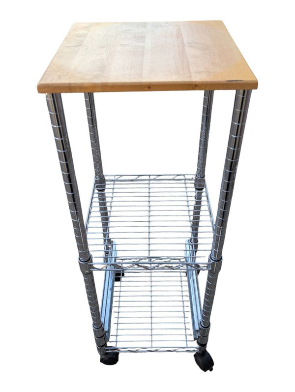 Chrome Wire Rolling Kitchen Cart with Wood Top