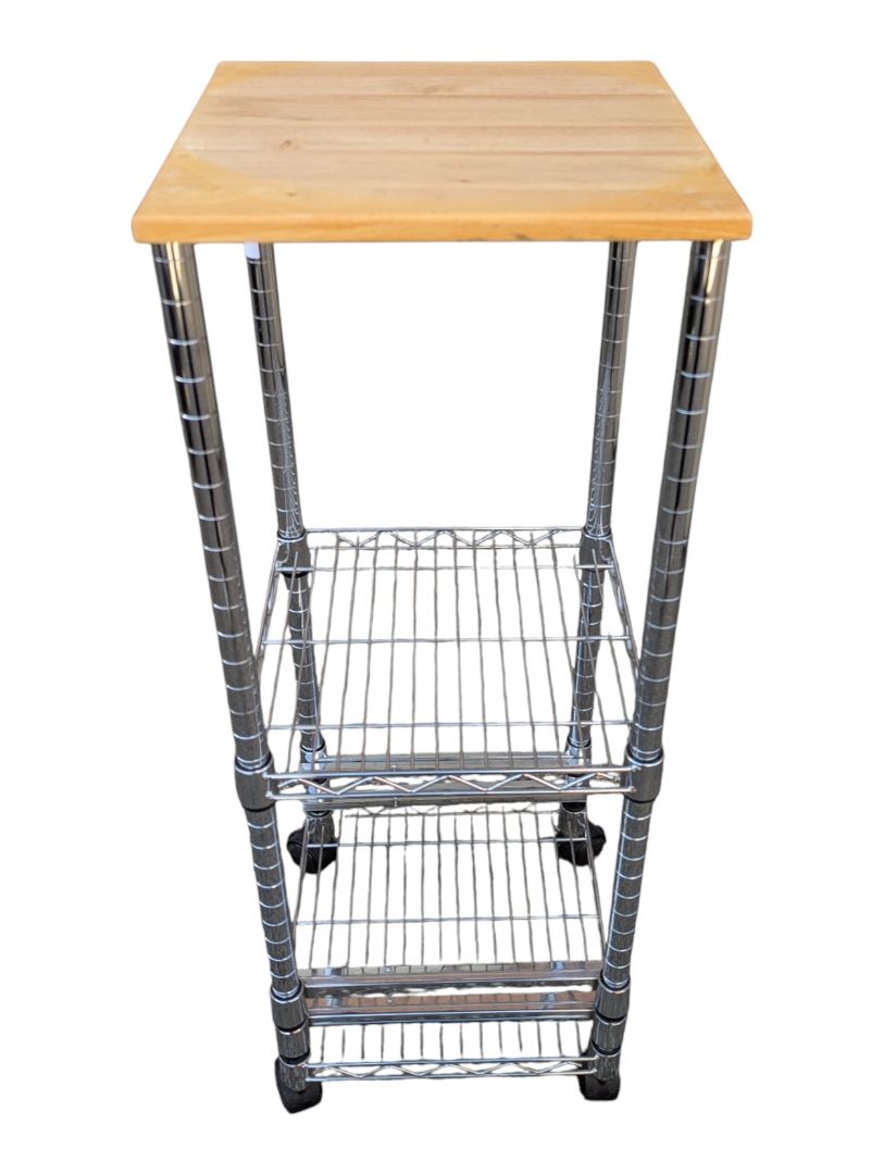 Chrome Wire Rolling Kitchen Cart with Wood Top