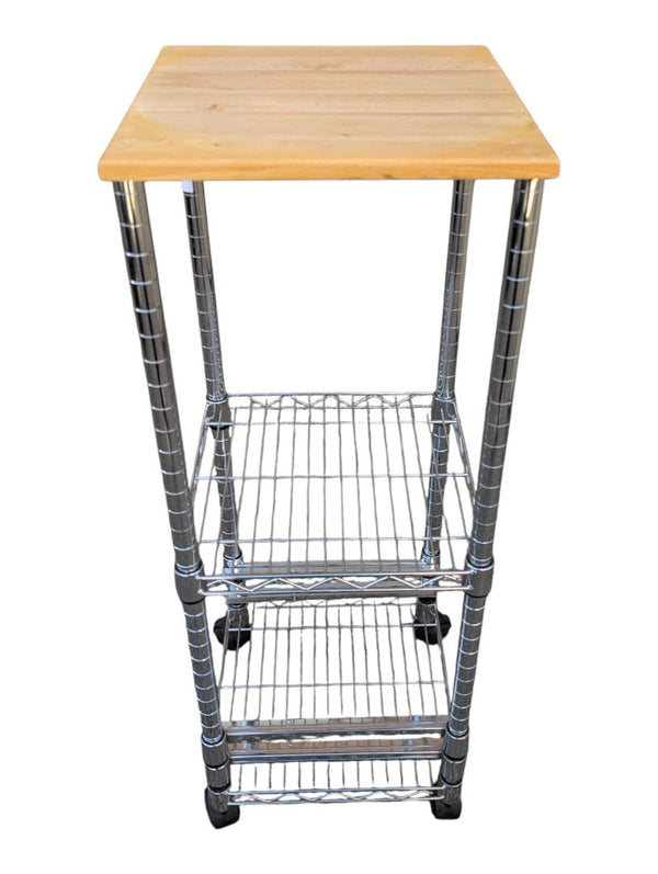 Chrome Wire Rolling Kitchen Cart with Wood Top