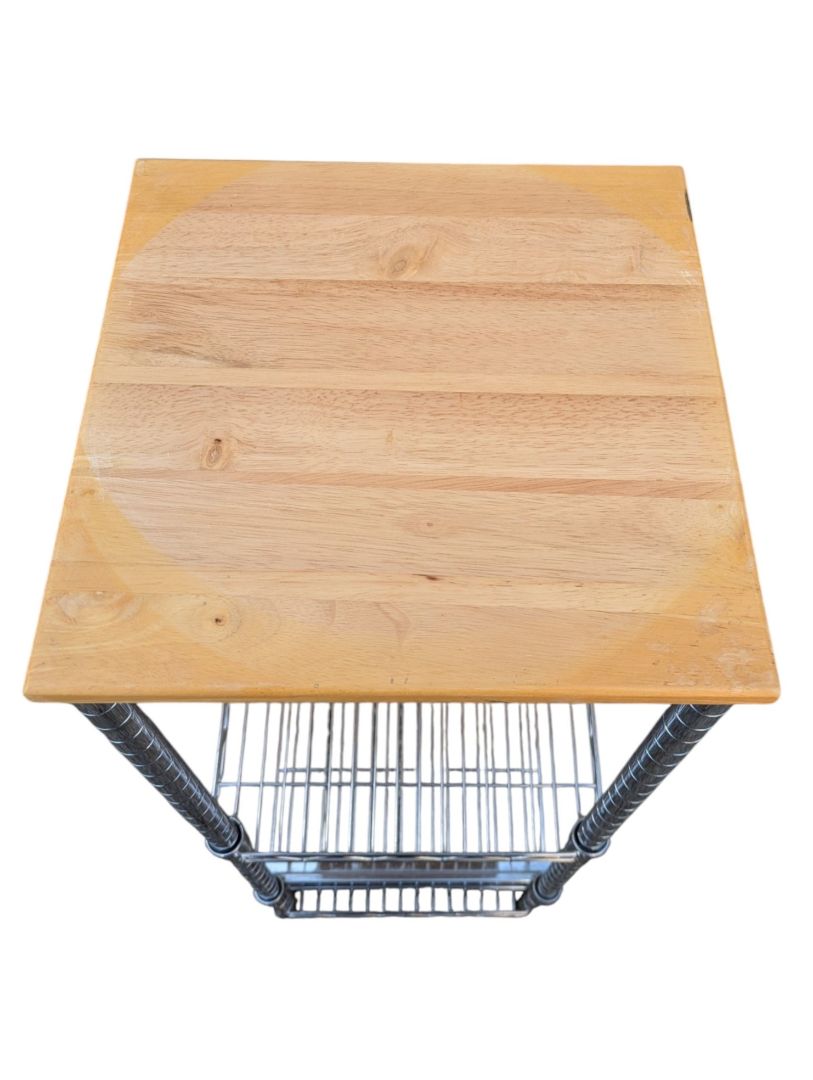 Chrome Wire Rolling Kitchen Cart with Wood Top