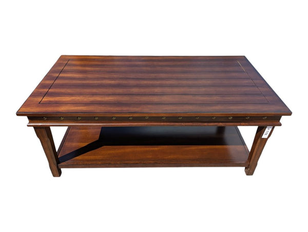 Wood Coffee Table with Lower Shelf & Studded Trim
