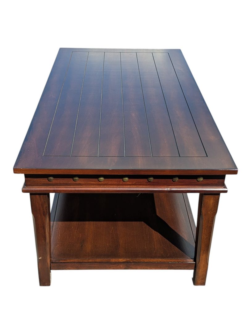 Wood Coffee Table with Lower Shelf & Studded Trim