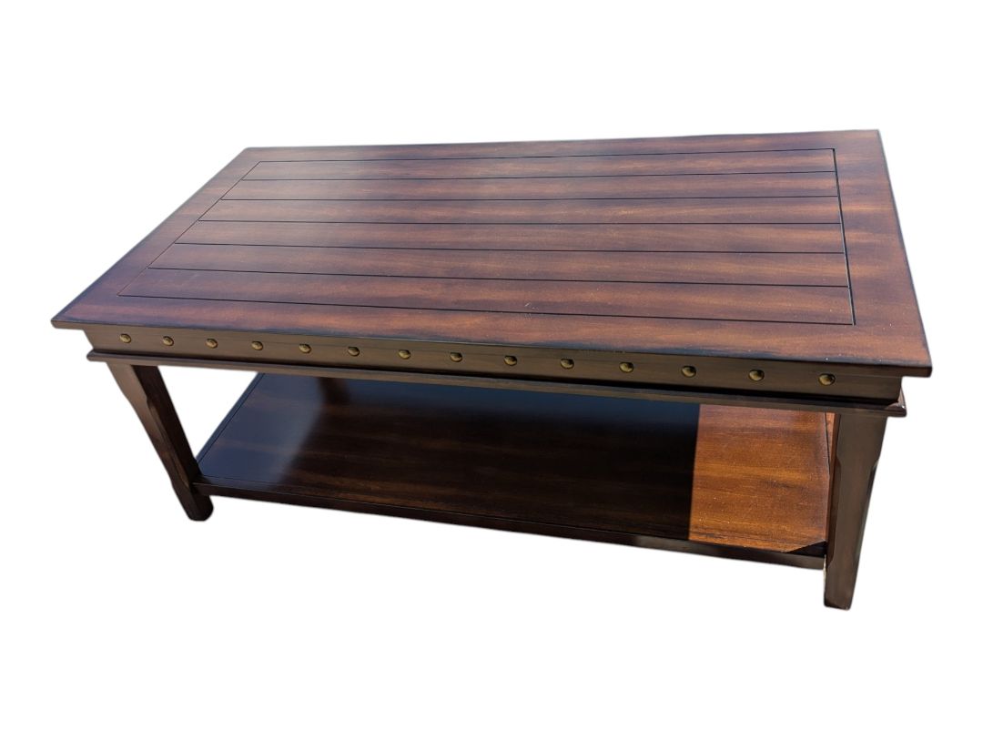 Wood Coffee Table with Lower Shelf & Studded Trim