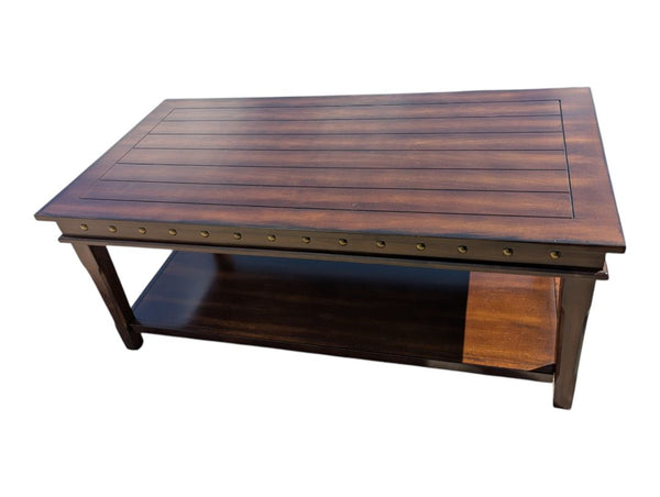 Wood Coffee Table with Lower Shelf & Studded Trim