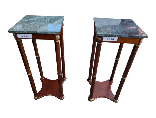 Pair of Green Marble Top Pedestal Side Tables