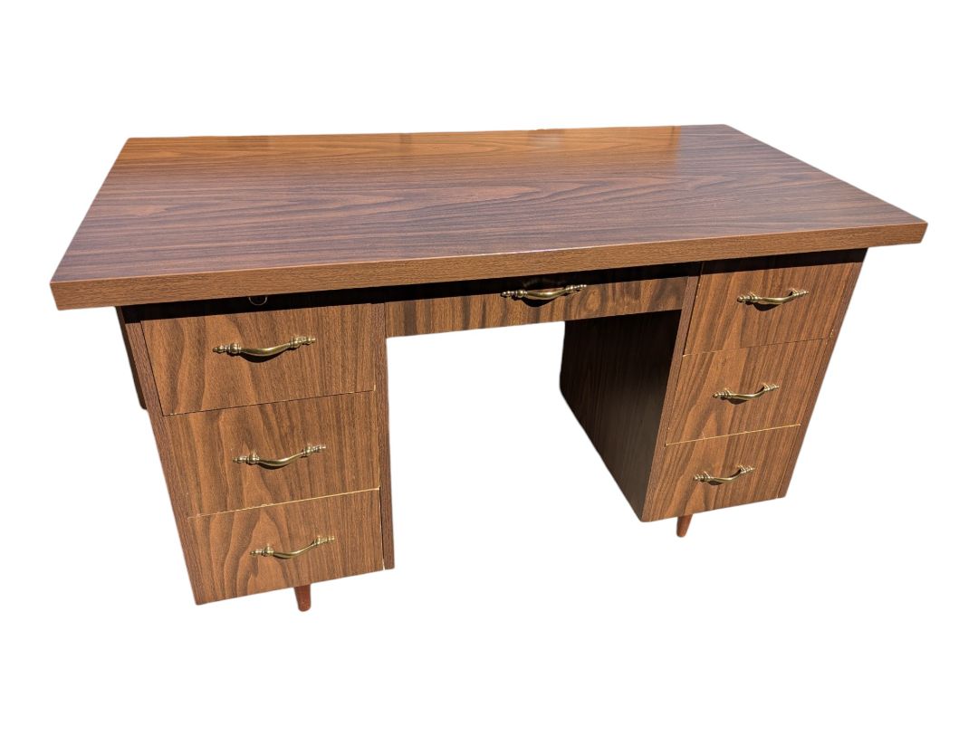 Vintage Walnut-Tone Seven-Drawer Writing Desk
