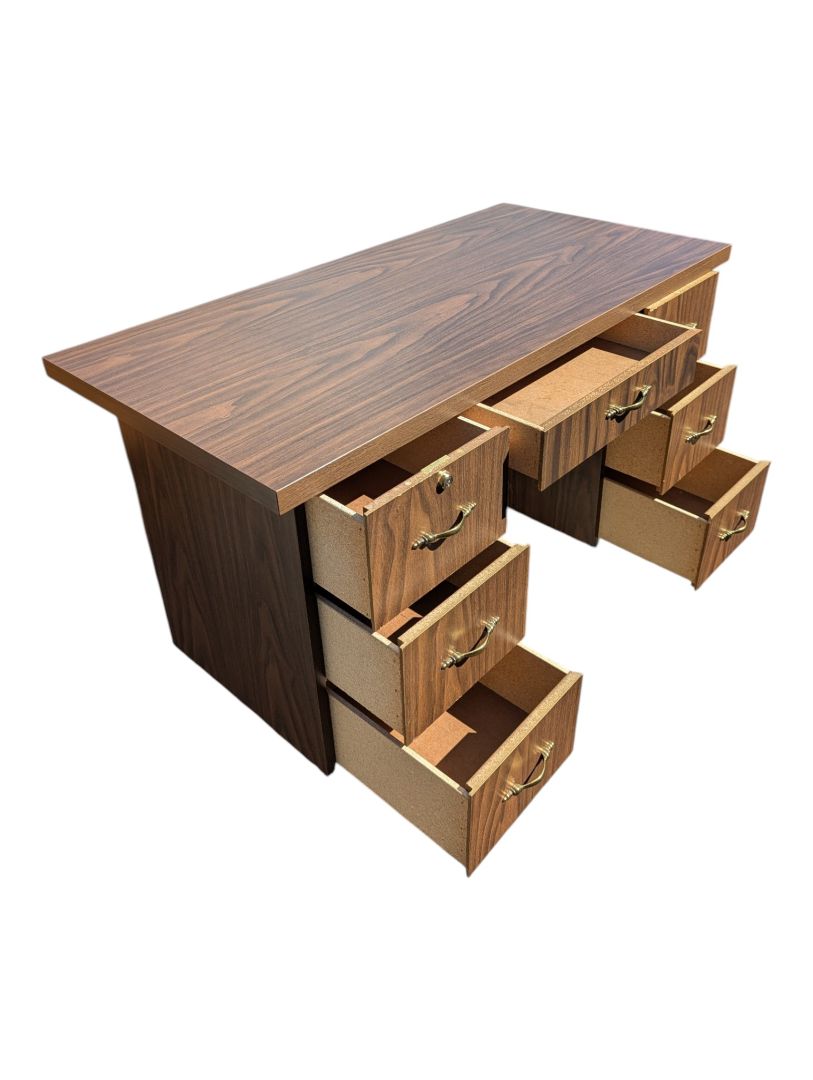 Vintage Walnut-Tone Seven-Drawer Writing Desk