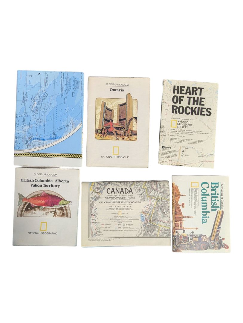 Collection of 6 Vintage National Geographic Maps – Canada, World & Rockies