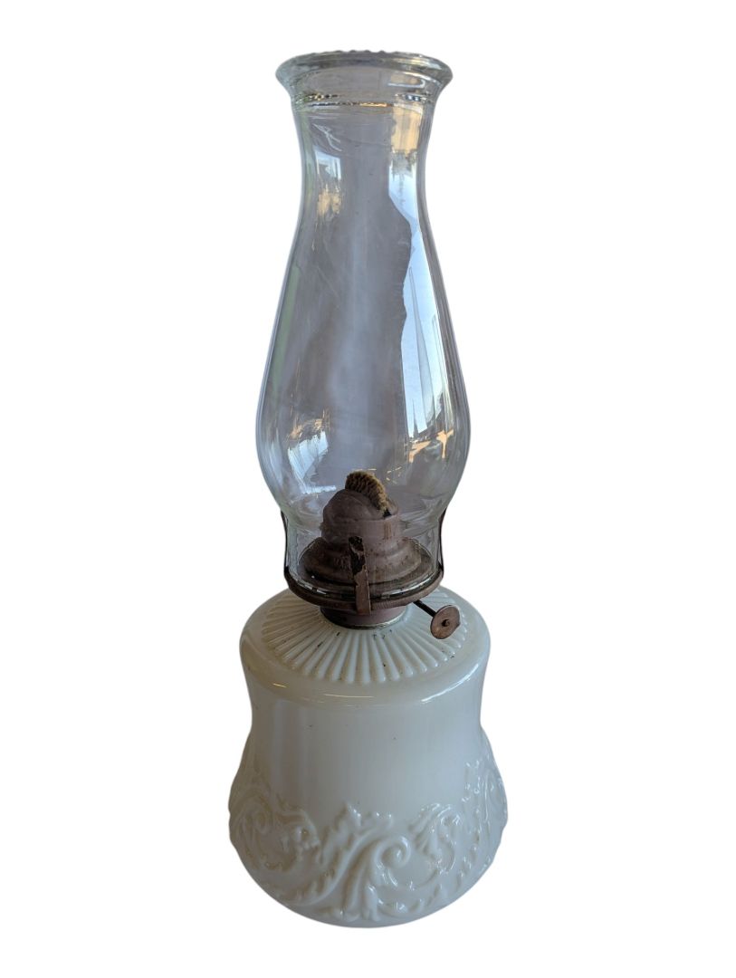 Vintage Queen Mary Milk Glass Oil Lamp with Glass Chimney