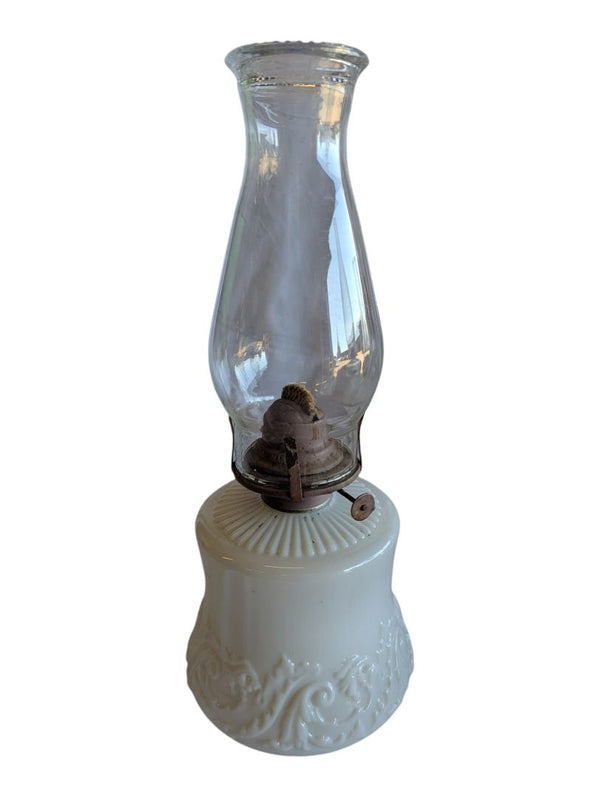Vintage Queen Mary Milk Glass Oil Lamp with Glass Chimney