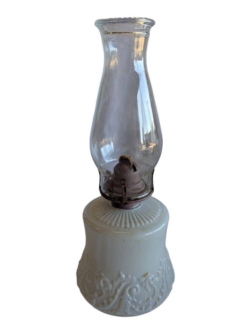 Vintage Queen Mary Milk Glass Oil Lamp with Glass Chimney