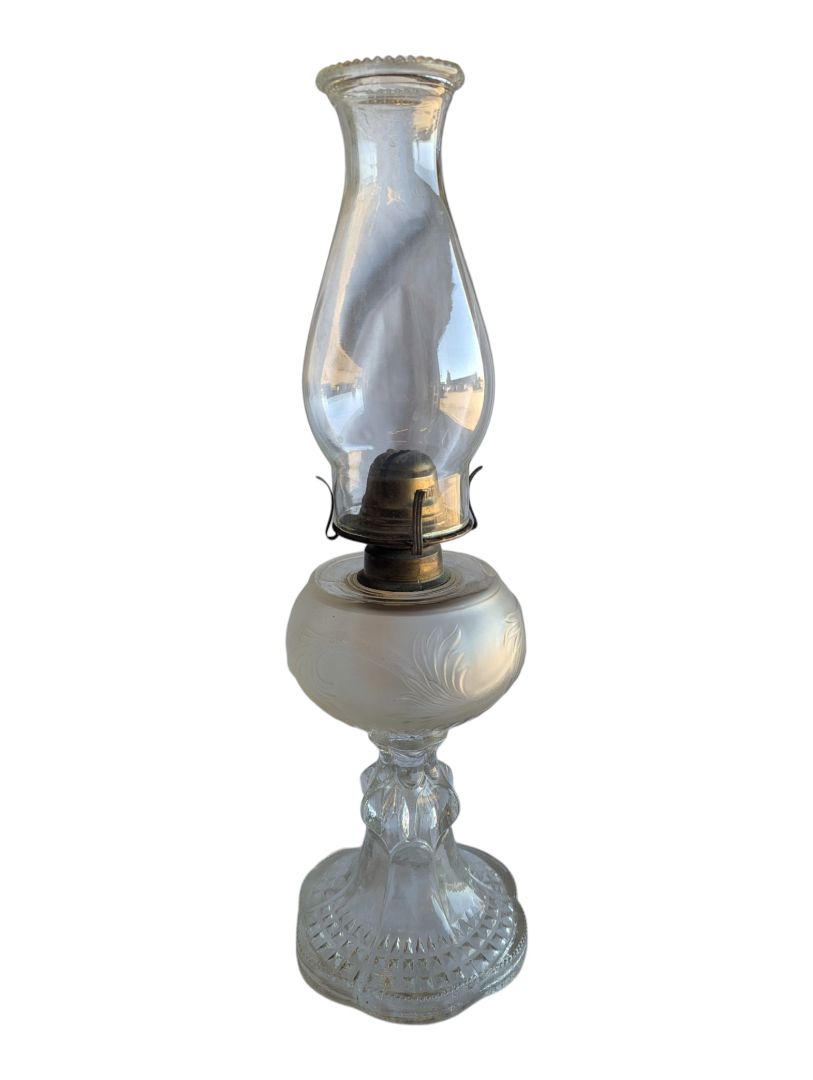 Vintage White Star Frosted Glass Oil Lamp with Chimney