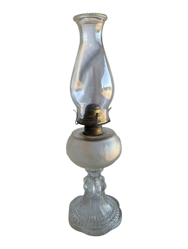 Vintage White Star Frosted Glass Oil Lamp with Chimney