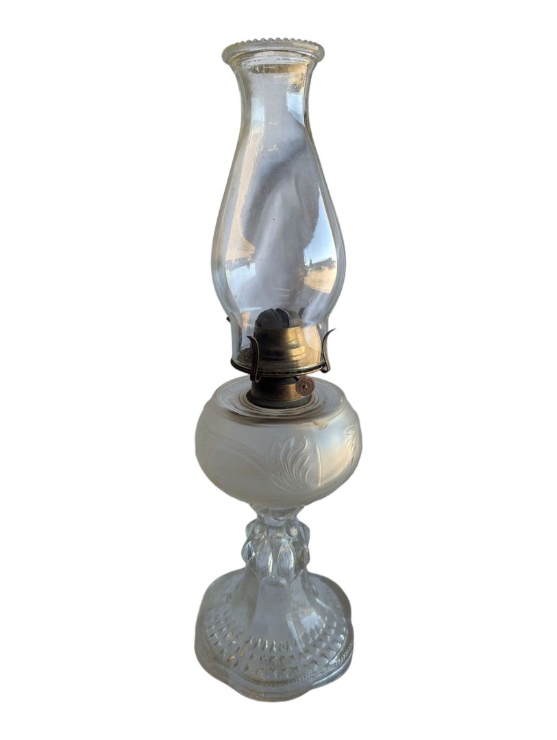 Vintage White Star Frosted Glass Oil Lamp with Chimney