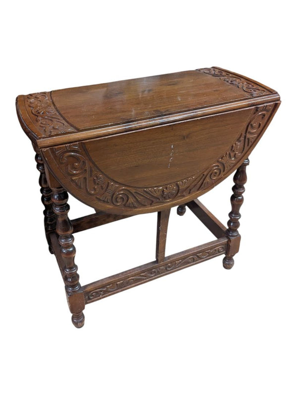 Carved Wood Drop-Leaf Gateleg Side Table