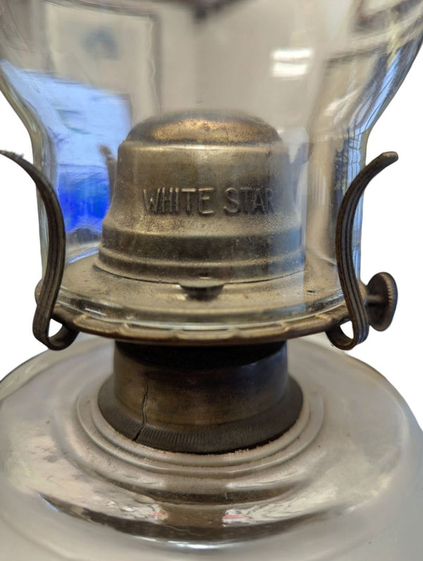 Vintage White Star Frosted Glass Oil Lamp with Chimney