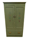 Vintage Olive Green Painted Wood Armoire Cabinet with Floral Stenciling