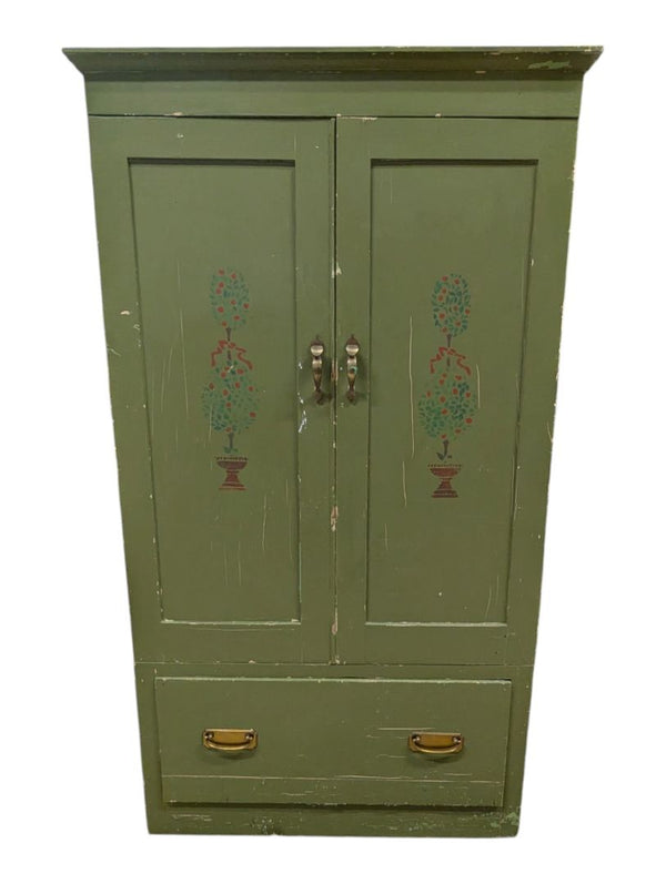 Vintage Olive Green Painted Wood Armoire Cabinet with Floral Stenciling