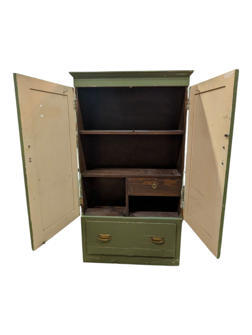 Vintage Olive Green Painted Wood Armoire Cabinet with Floral Stenciling