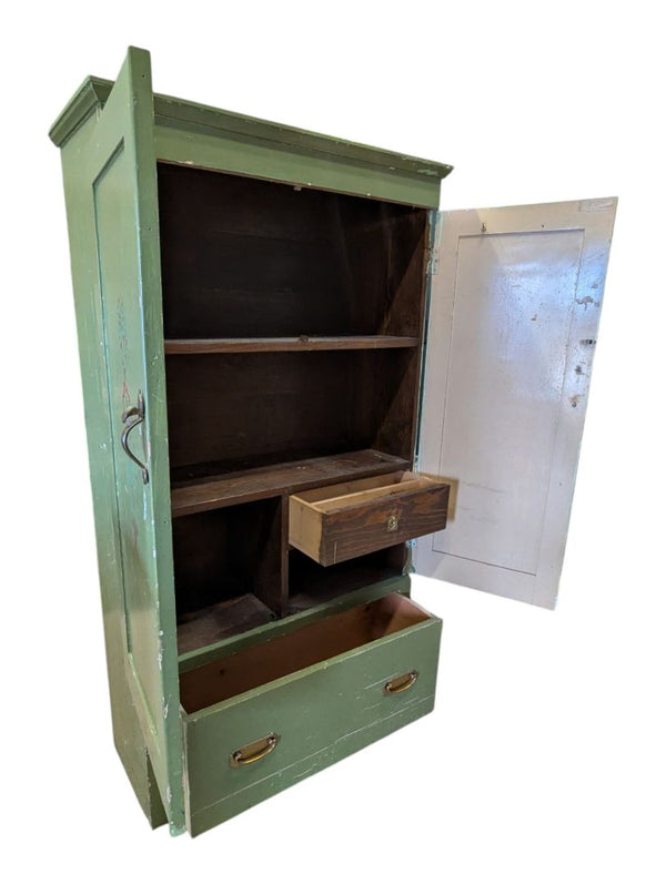 Vintage Olive Green Painted Wood Armoire Cabinet with Floral Stenciling