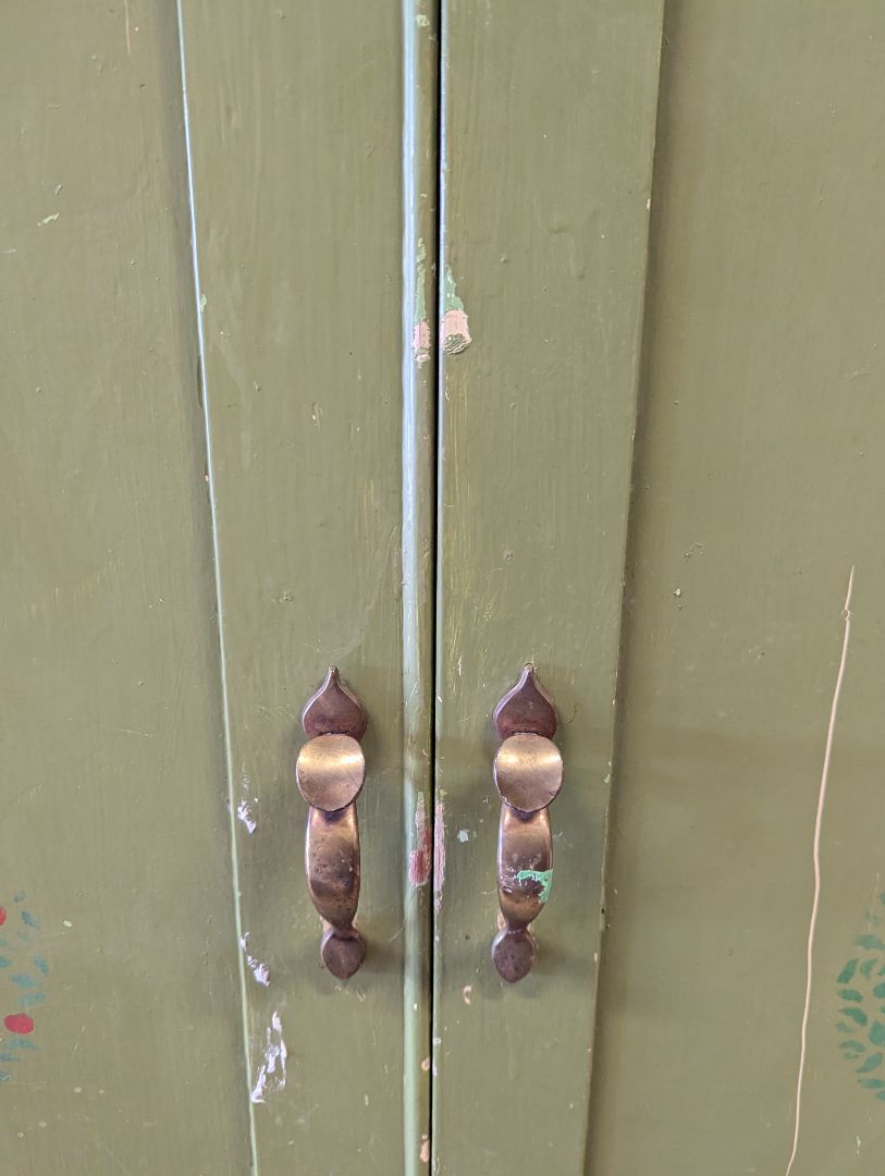 Vintage Olive Green Painted Wood Armoire Cabinet with Floral Stenciling