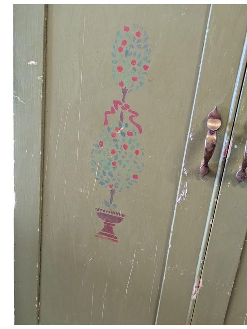 Vintage Olive Green Painted Wood Armoire Cabinet with Floral Stenciling