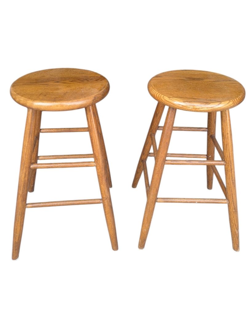 Pair of Vintage Oak Wooden Round Seat Bar Stools