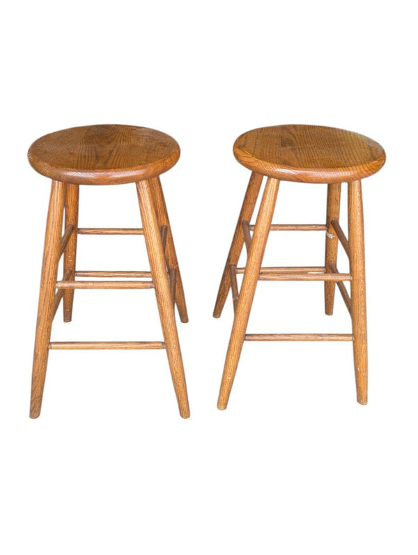 Pair of Vintage Oak Wooden Round Seat Bar Stools
