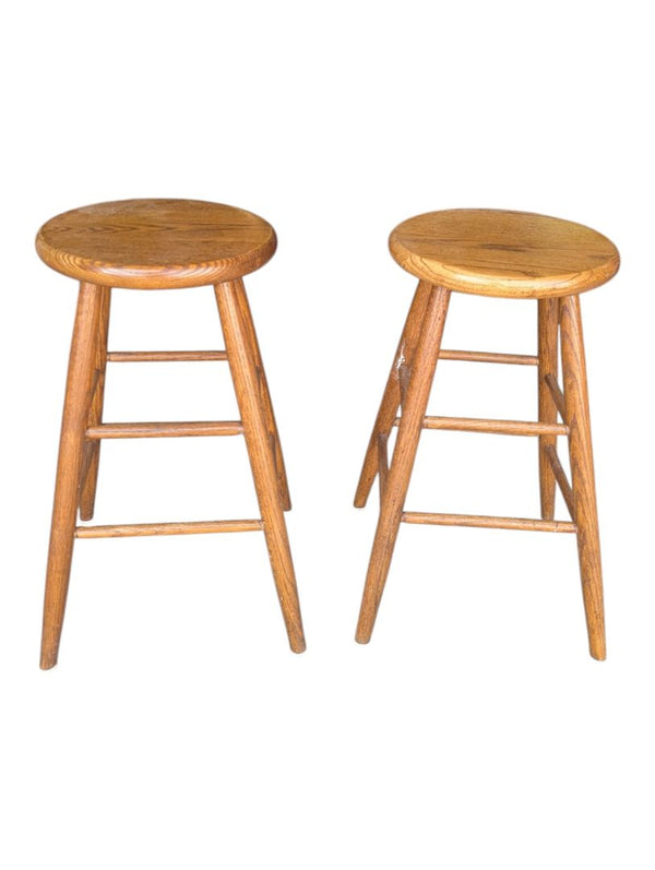 Pair of Vintage Oak Wooden Round Seat Bar Stools