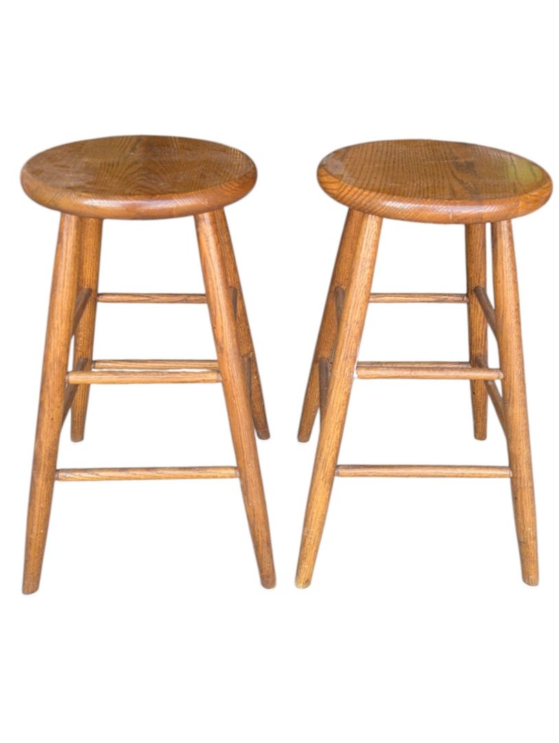 Pair of Vintage Oak Wooden Round Seat Bar Stools