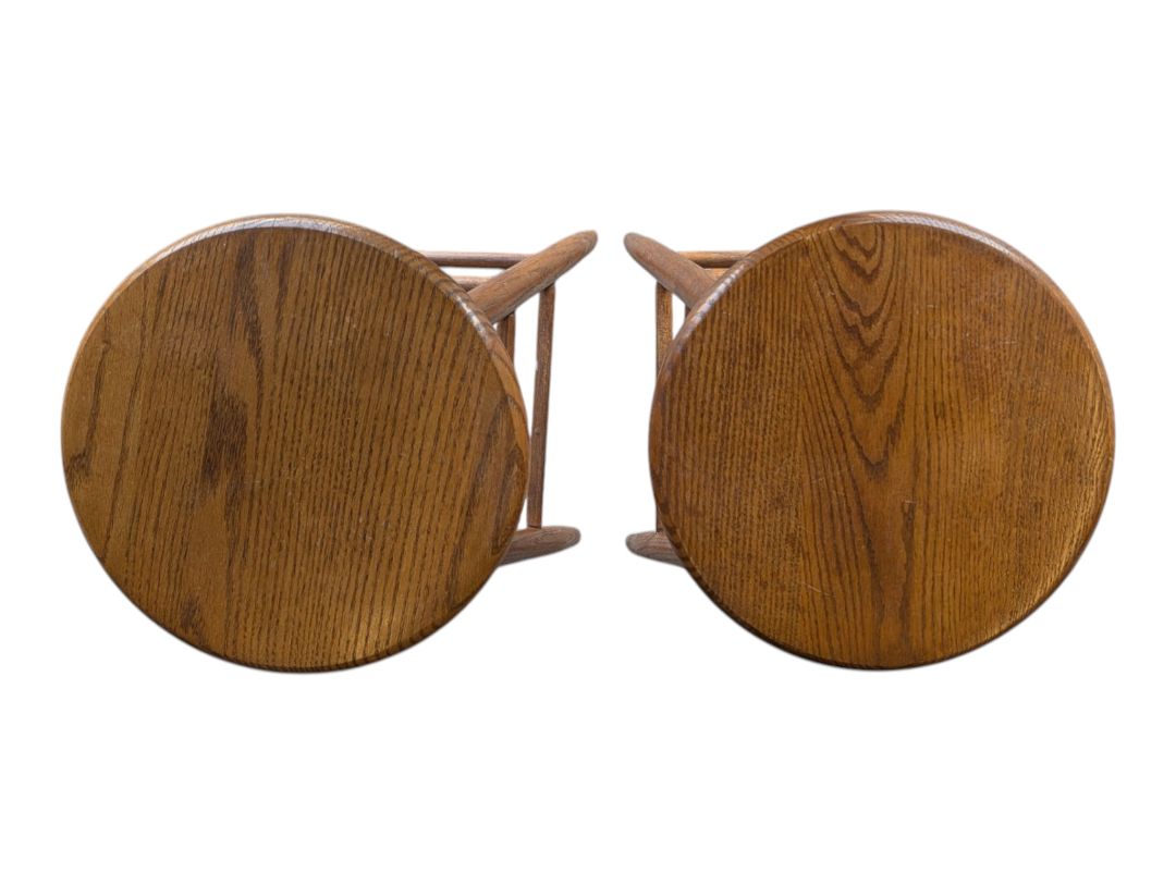 Pair of Vintage Oak Wooden Round Seat Bar Stools