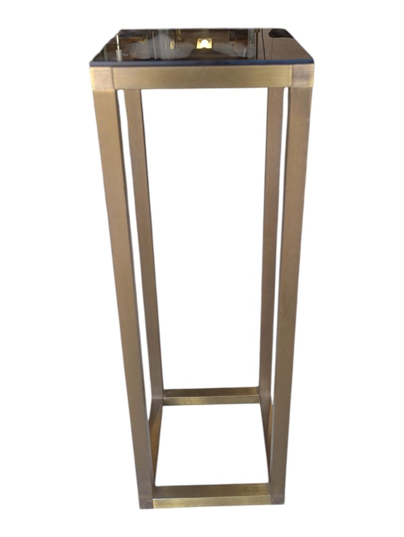 Modern Gold-Tone Metal Pedestal Stand with Black Glass Top