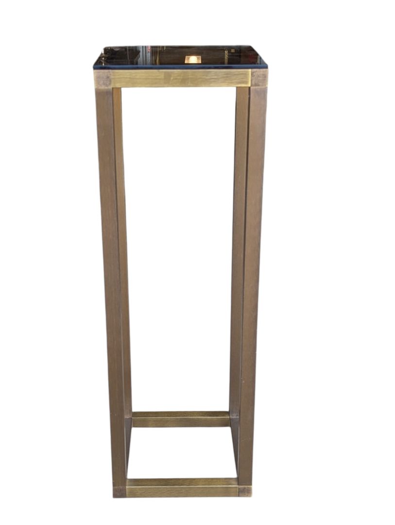 Modern Gold-Tone Metal Pedestal Stand with Black Glass Top