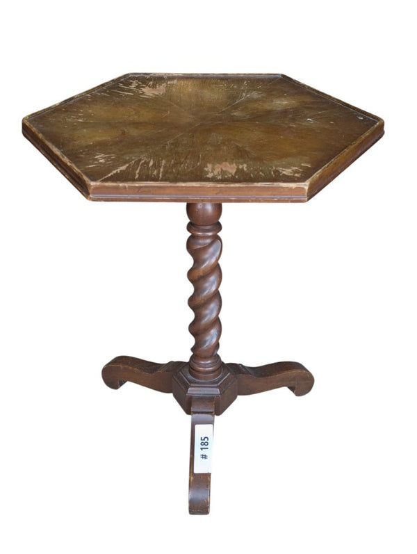 Vintage Hexagonal Wooden Pedestal Side Table with Barley Twist Column