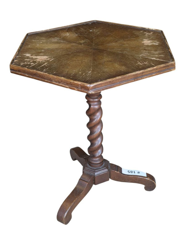 Vintage Hexagonal Wooden Pedestal Side Table with Barley Twist Column