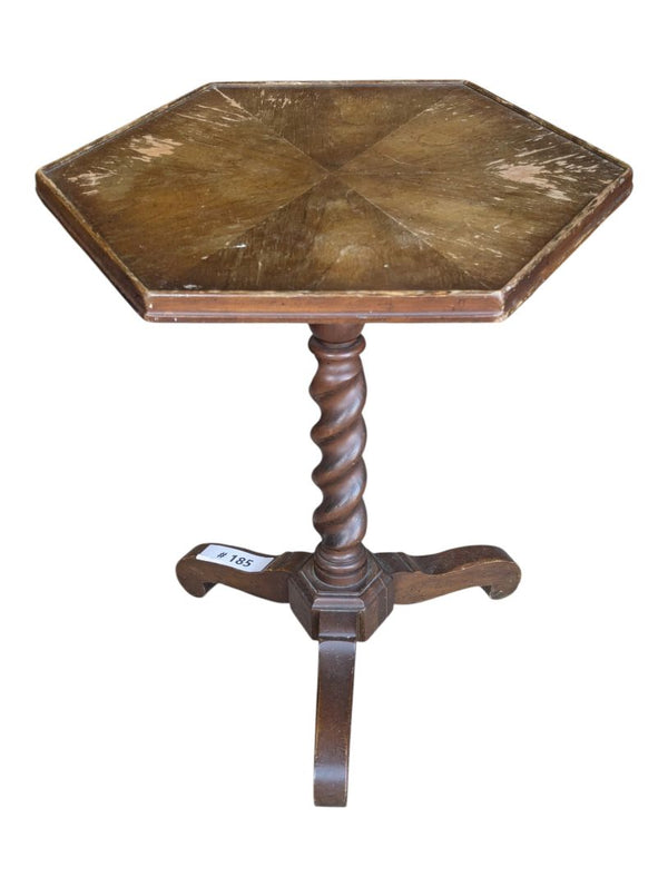 Vintage Hexagonal Wooden Pedestal Side Table with Barley Twist Column