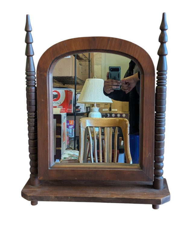 Vintage Wooden Tabletop Mirror with Turned Spindle Posts