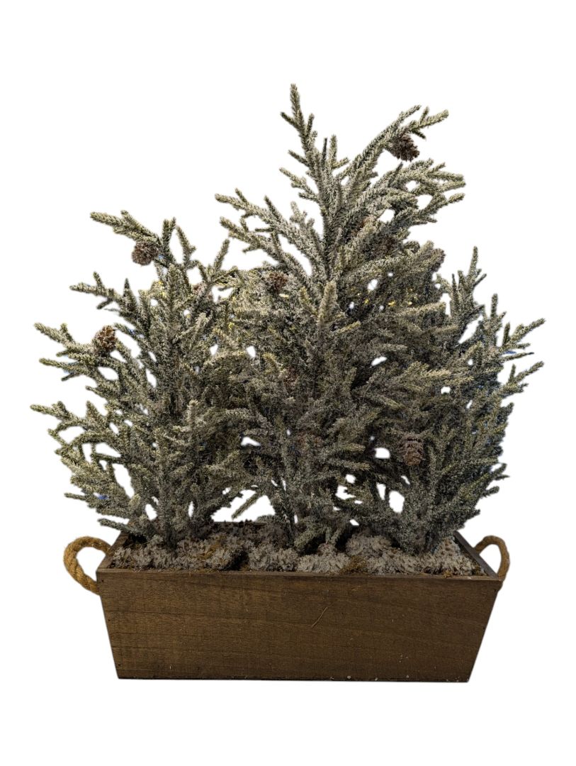 Flocked Cedar Christmas Trees in Wood Planter Box - Holiday Centerpiece