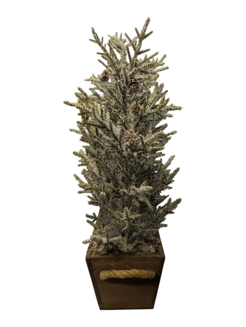 Flocked Cedar Christmas Trees in Wood Planter Box - Holiday Centerpiece