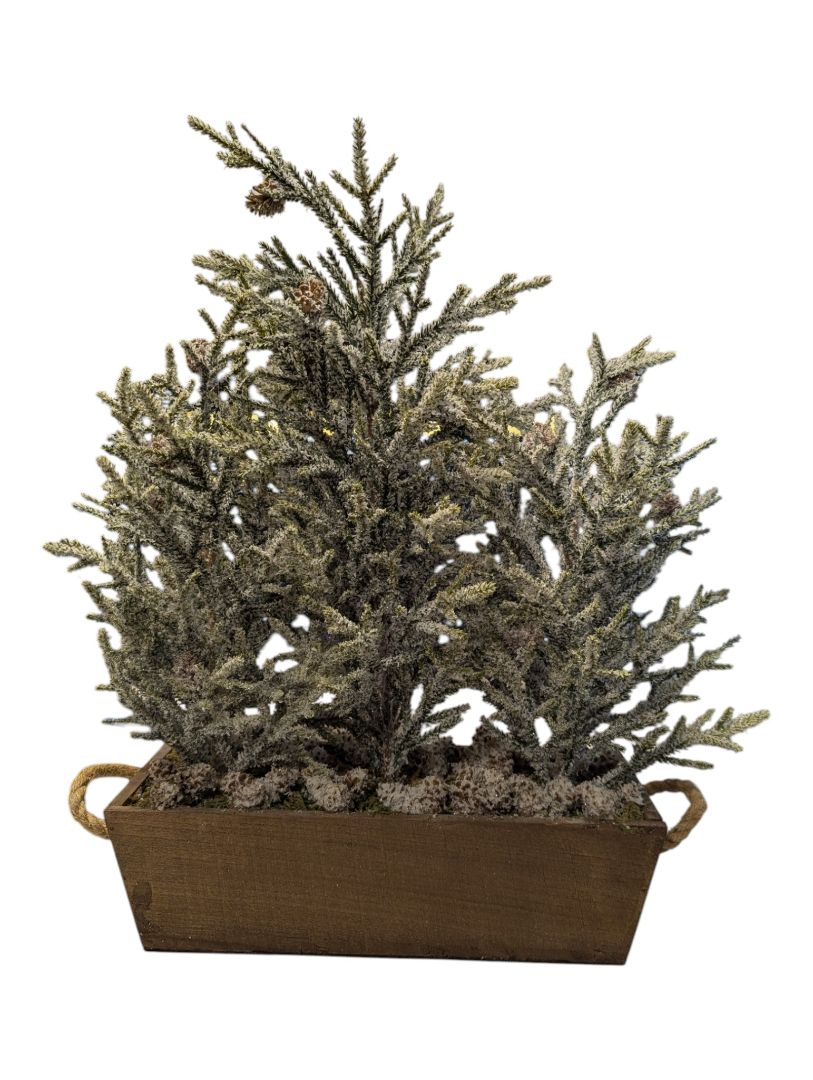 Flocked Cedar Christmas Trees in Wood Planter Box - Holiday Centerpiece