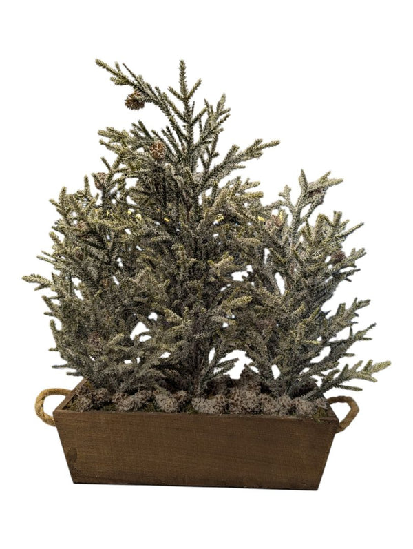 Flocked Cedar Christmas Trees in Wood Planter Box - Holiday Centerpiece
