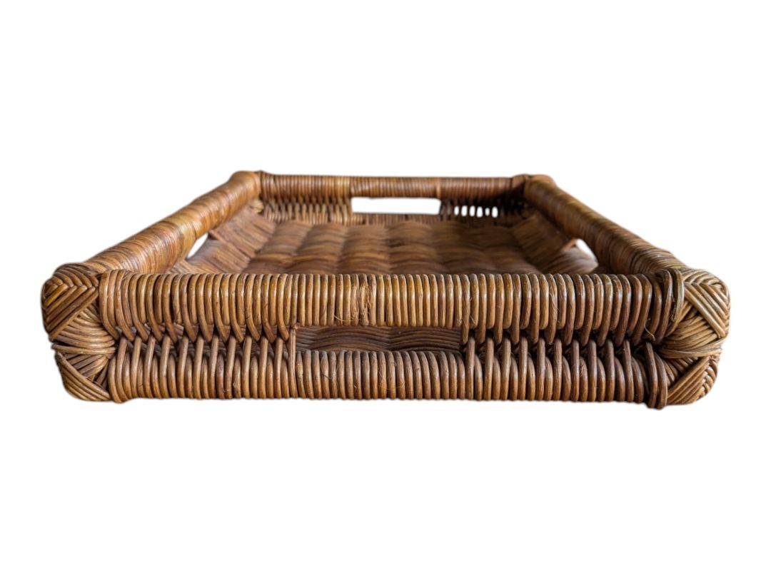 Rectangular Woven Wicker Serving Tray with Handles