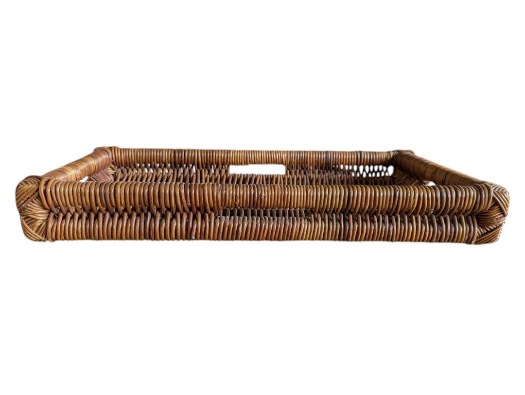 Rectangular Woven Wicker Serving Tray with Handles