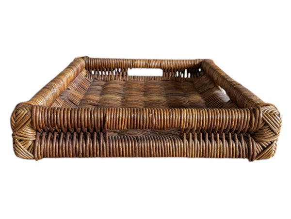 Rectangular Woven Wicker Serving Tray with Handles