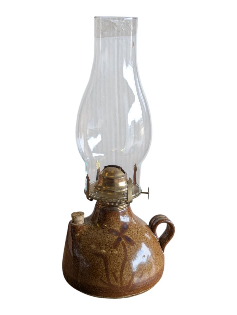 Vintage Brown Glazed Stoneware Oil Lamp with Glass Chimney