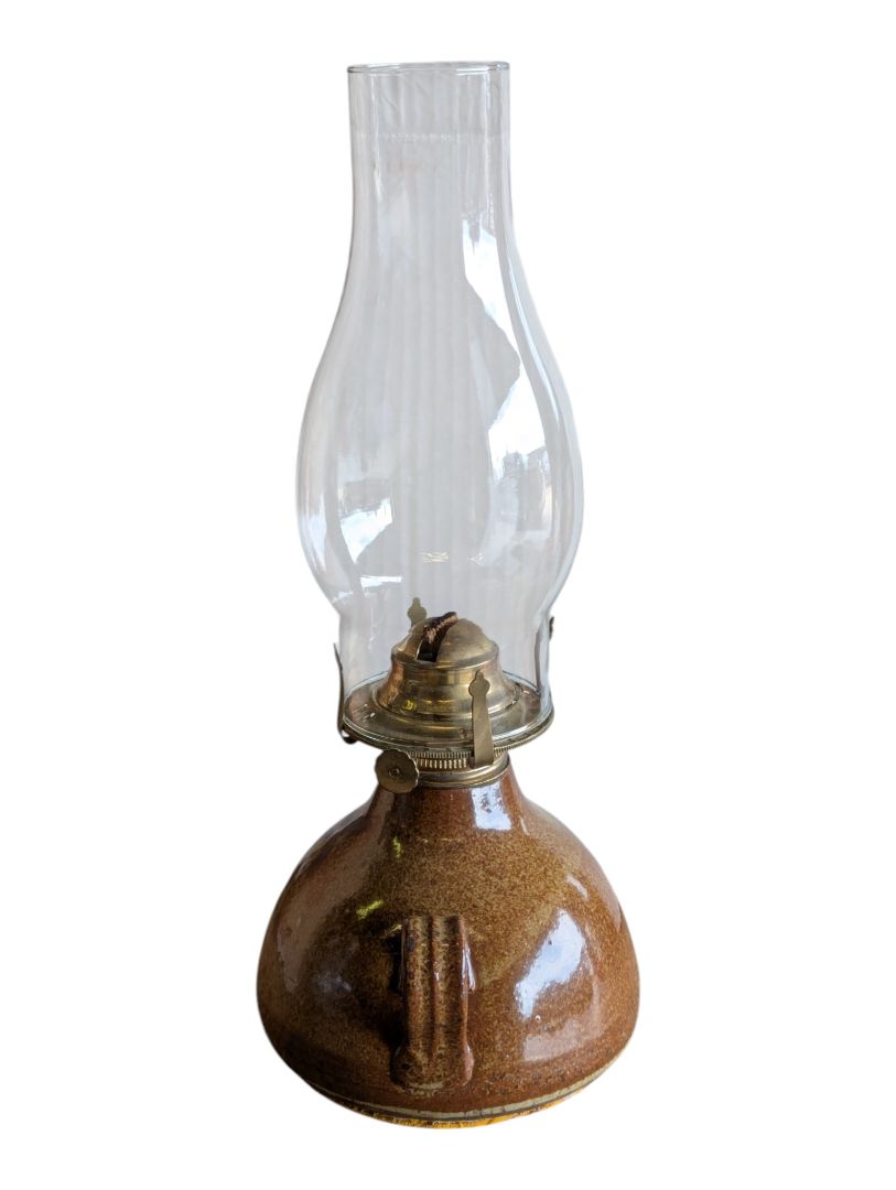 Vintage Brown Glazed Stoneware Oil Lamp with Glass Chimney