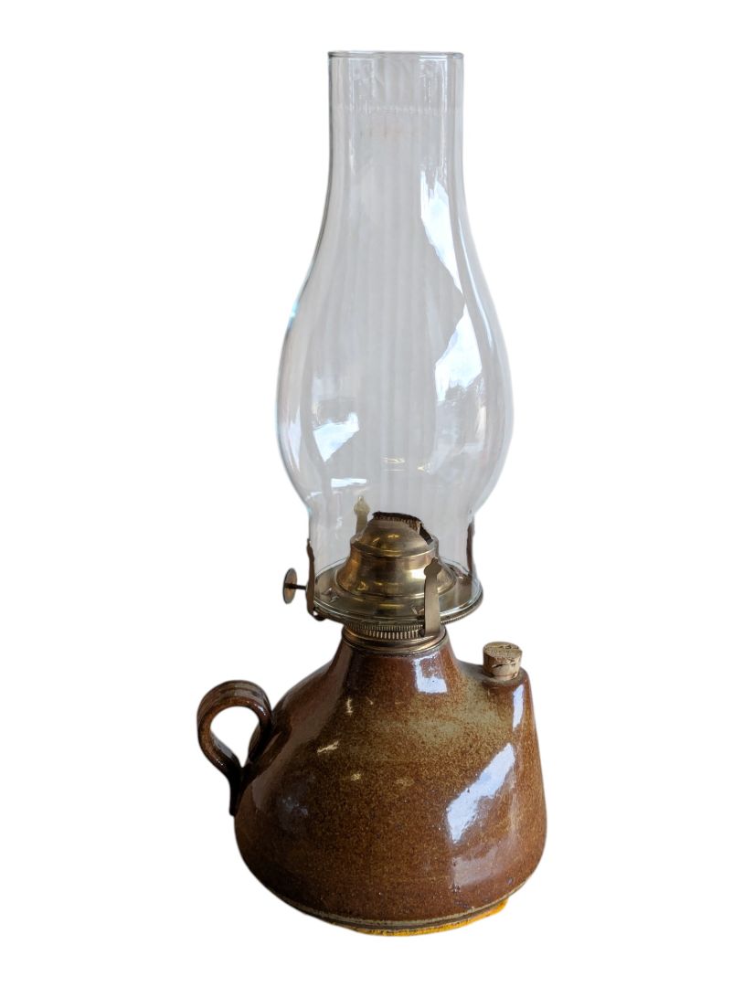 Vintage Brown Glazed Stoneware Oil Lamp with Glass Chimney