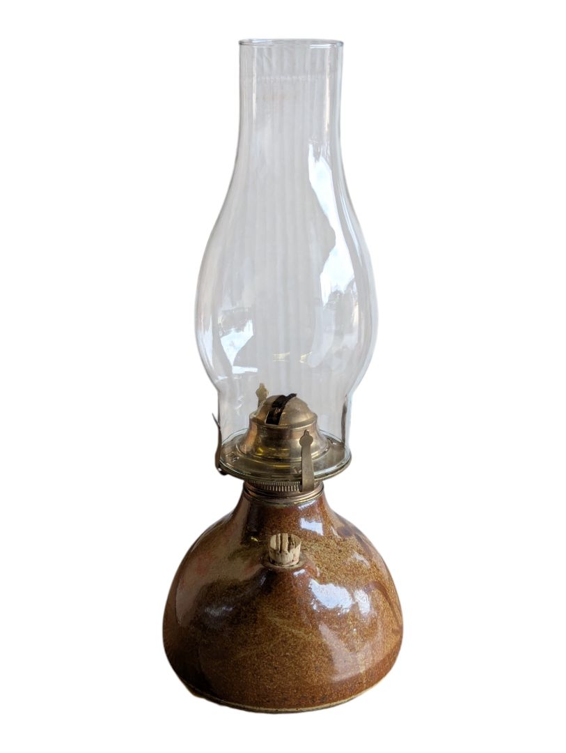 Vintage Brown Glazed Stoneware Oil Lamp with Glass Chimney