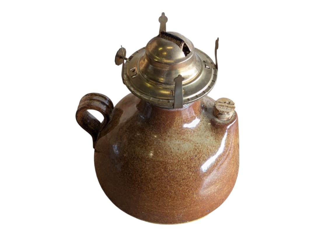 Vintage Brown Glazed Stoneware Oil Lamp with Glass Chimney