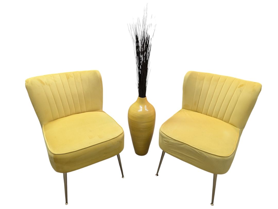 Pair of Yellow Upholstered Accent Chairs with Decorative Vase